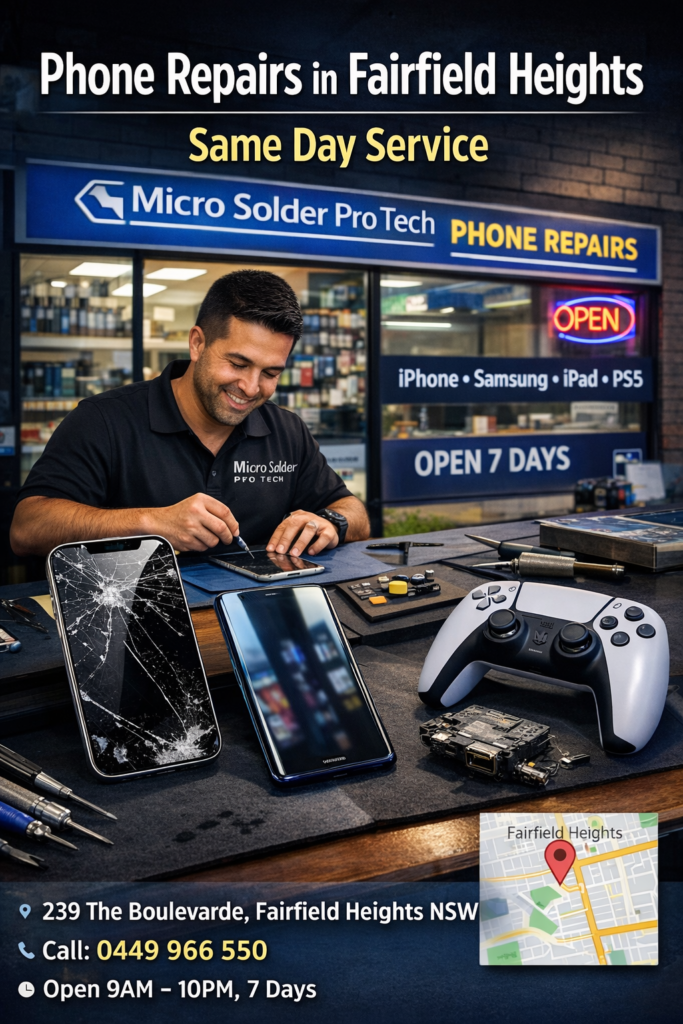 24 Hour Phone Repair Near Me – Open Now in Sydney 
Phone Repairs Fairfield Heights Same Day Fix Micro Solder Pro Tech