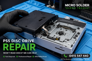PS5 disc drive repair technician performing micro-soldering console repair